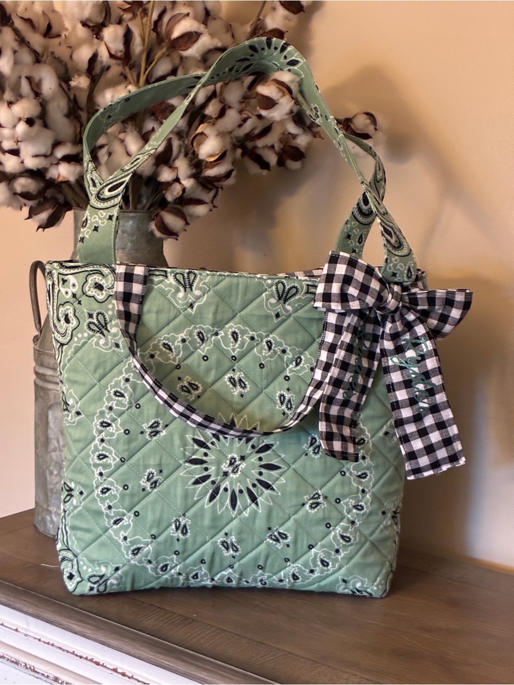 Quilted Sage Green Bandana-Print Tote with Gingham Bow